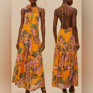 NEW FARM RIO Orange Wonderful Bouquet halter floral Maxi Dress sz XS